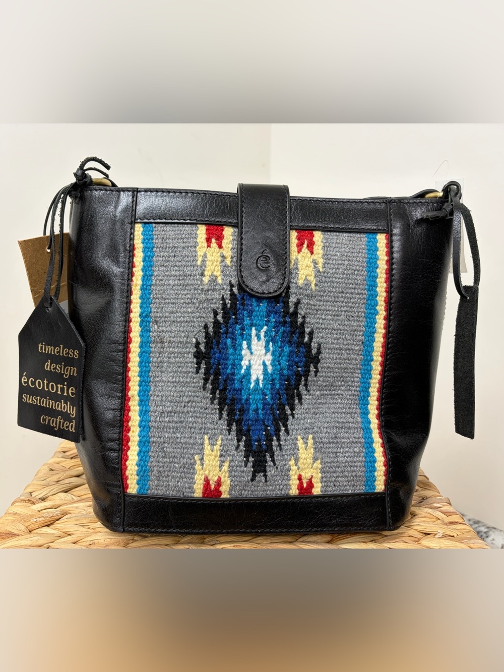 Écotorie Black Leather Shoulder Bag with Gray Aztec Panel